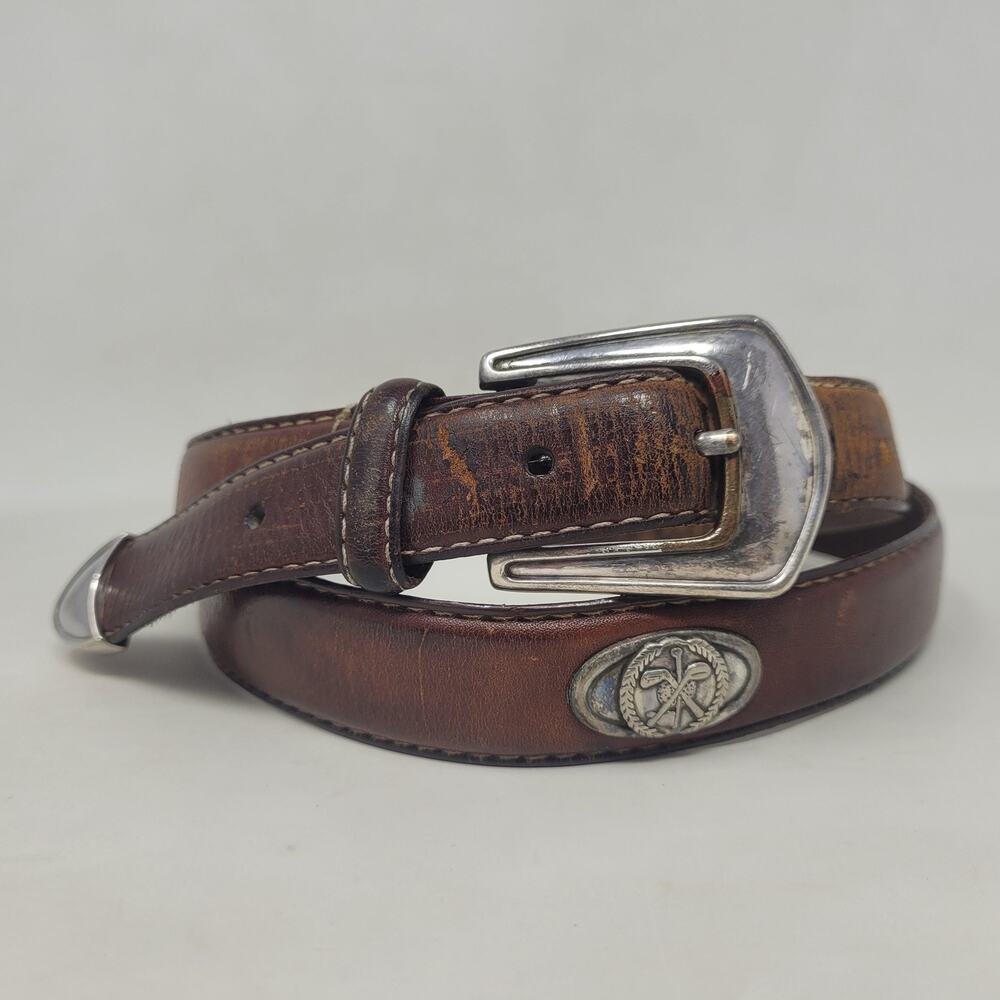 Fossil Belt 38 Brown Italian Leather Western Concho Silver Buckle Cowboy Rodeo